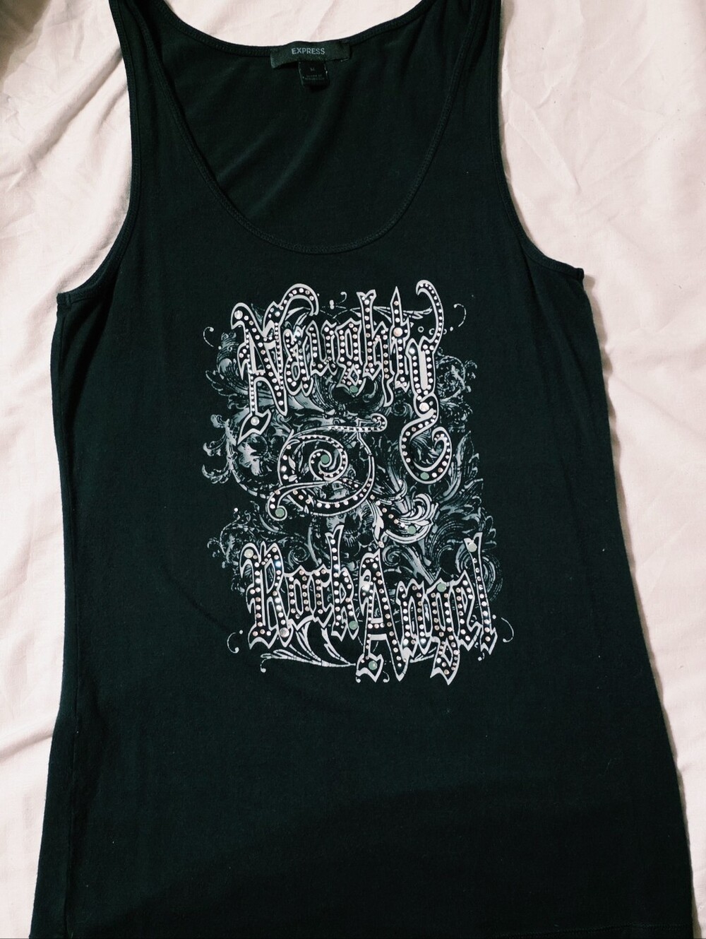 Vintage 2006 Express Naughty Rock Angel Rhinestone Tank Top Black M Y2K Grunge